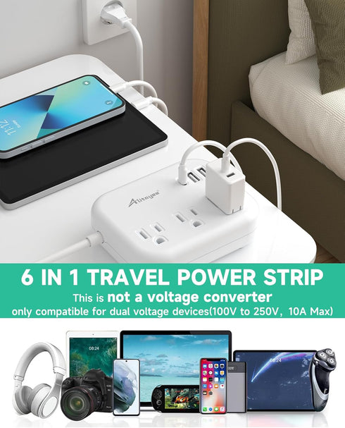 European Travel Plug Adapter, Alitayee EU/UK/US Travel Power Strip with 3 Outlets 3 USB Ports, International Universal Plug Adapter with 3ft Exten...