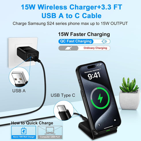 Fast S24 Ultra Samsung Wireless Charger Stand, 2 Pack 15W Cordless Charging Station for Samsung Galaxy S24 Plus S23 FE S22 S21 Z Flip 5, iPhone 15...