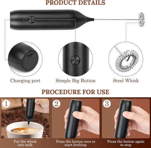 Milk Frother Handheld, Electric Foam Maker with Stainless Steel Whisk Rechargeable Frother Drink Mixer with USB-C Cable for Coffee, Lattes, Cappuc...