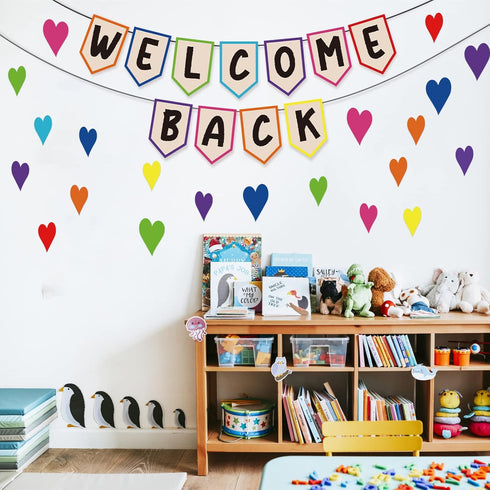 Mixweer 61 Pcs Welcome Back Banner Welcome Bulletin Board Set Boho Classroom Decor Classroom Borders for Bulletin Board Hearts Accents for First D...