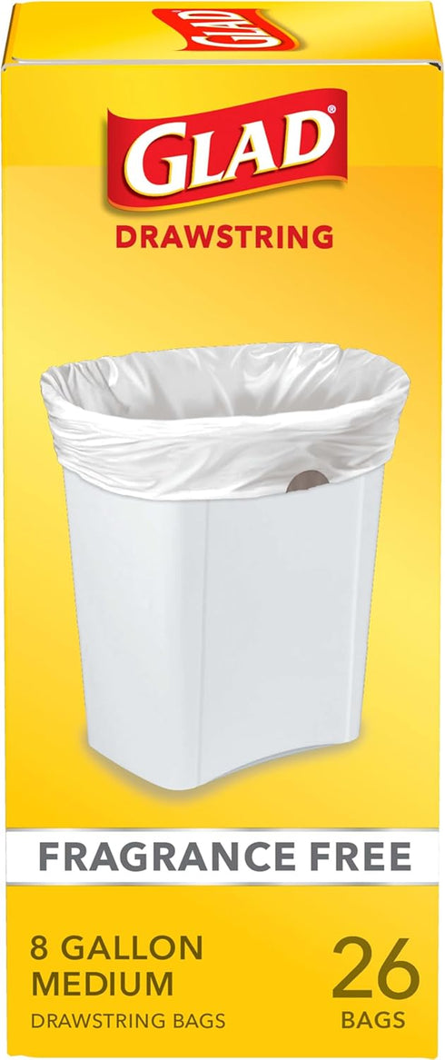 Glad Trash Bags, Medium Drawstring Garbage Bags, 8 Gallon, White, Fragrance Free, 26 Count, Pack May Vary...