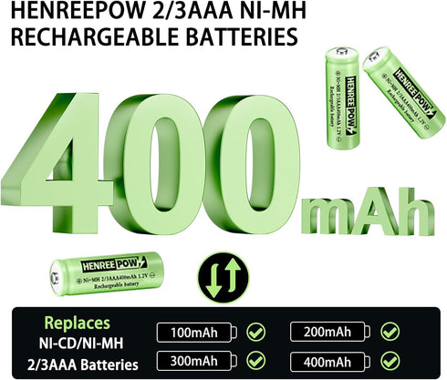 Henreepow Ni-MH 2/3AAA 1.2v 400mAh Rechargeable Batteries,Low Self-Discharge, Long Range with Button Top for Solar Lights,Length 2/3 The Size of A...