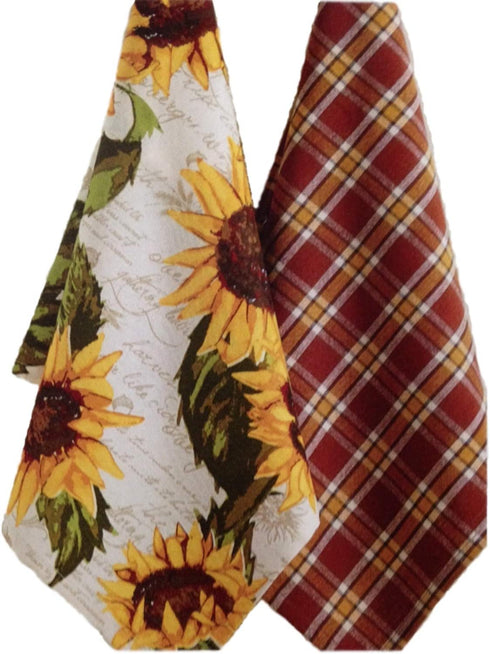 DII Design Imports Set 2 Rustic Sunflower Kitchen Dish Towels - Rustic Sunflower Print - Rustic Plaid...