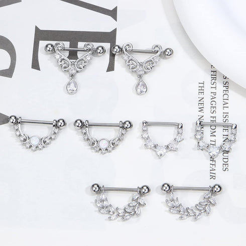 JOERICA 4 Pairs 14G Nipple Rings for Women 316L Stainless Steel Heart Teardrop Moon Star Opal Leaf CZ Barbell Nipple Rings Set Cute Nipplerings Pi...