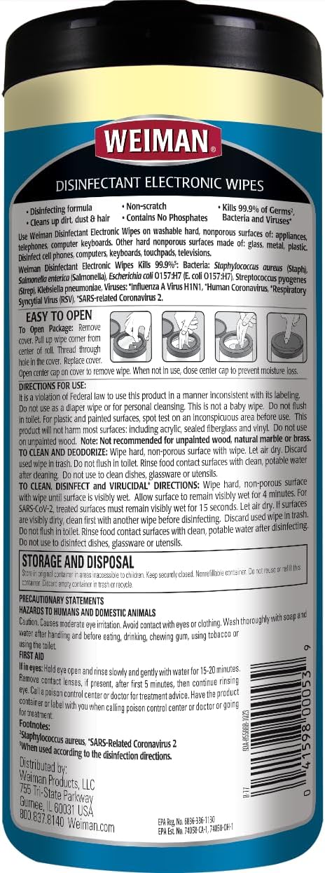 Weiman Disinfecting Electronic Cleaning Wipes For Keyboards, Tablets, E-readers, Smart Phones, Netbooks, and Touchscreens (30 Wipes)...