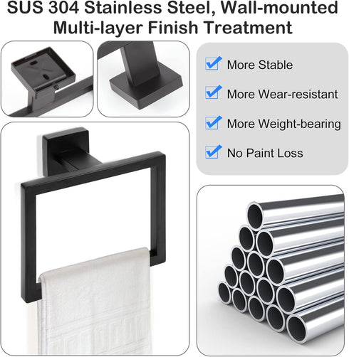 Matte Black Towel Ring,Square Hand Towel Holder,Towel Hanger, Bathroom Hardware Accessories,SUS 304 Stainless Steel Wall-Mounted...