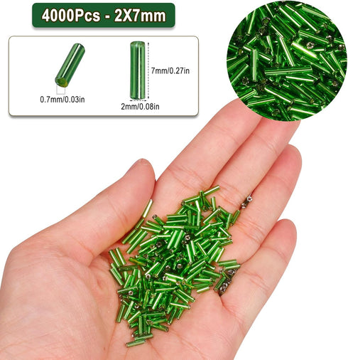 4000pcs Bugle Beads, Embroidery Tube Beads for Jewelry Making, Small Long Beads for Craft DIY Bracelet Necklaces Supplies, 7x2mm,Grass Green...