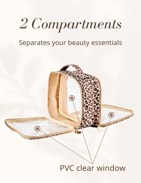 Clear Leopard Travel Makeup Bag Transparent Cosmetic Pouch Portable Toiletry Bags Two Compartments Cosmetic Bag with Handle Nylon and PVC Make up ...