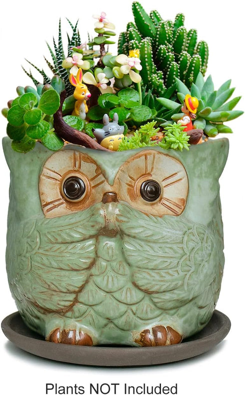 Dahlia 4" Speak No Evil Owl Handmade Ceramic Succulent Planter/Plant Pot/Flower Pot, Green...