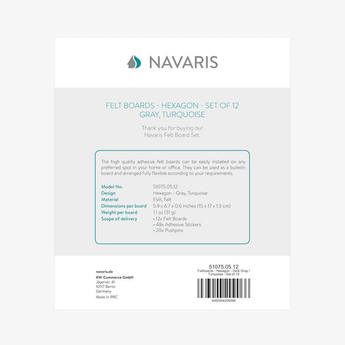 Navaris Hexagon Felt Board Tiles - Set of 12 Notice Memo Bulletin Boards with Push Pins and Double-Sided Tape 5.9" x 6.7" - Dark Gray, Turquoise...