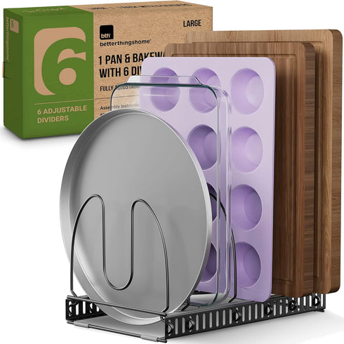Compact Pan & Pot Lid Organizer Rack with 6 Adjustable Dividers | Steel Single Rack for Kitchen Cabinet, Drawer & Pantry – Deep U-Shaped Dividers,...