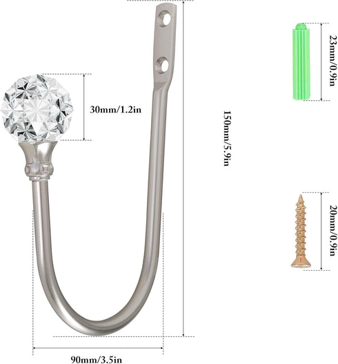 Curtain Holdback, 2pcs Wall Mounted Drapery Tiebacks with Clear Crystal Ball, Heavy Duty Metal Decorative Window Drapery Curtain Holder Curtain Ho...