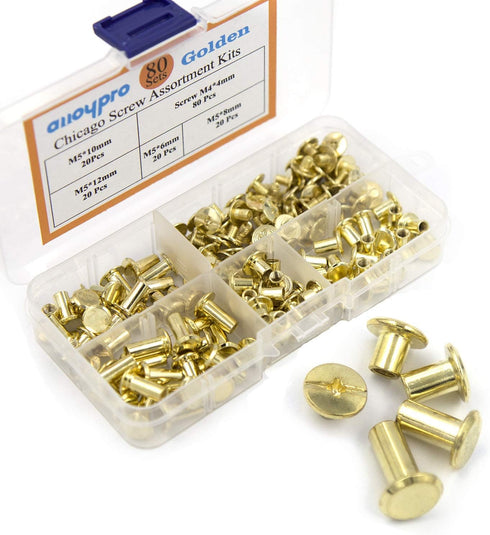 80 Sets Chicago Screws Assorted Kit 4 Sizes Golden Leather Rivets 1/4 5/16 3/8 1/2 Screw Rivets Slotted Phillip Head Book Binding Posts Nail Rivet...