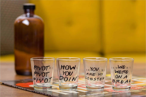 Silver Buffalo Friends Iconic Quotes "You're My Lobster," "How You Doin'" "Pivot," and "We Were On A Break!" 4 Pack Mini Glasses, 1.5 Ounces...
