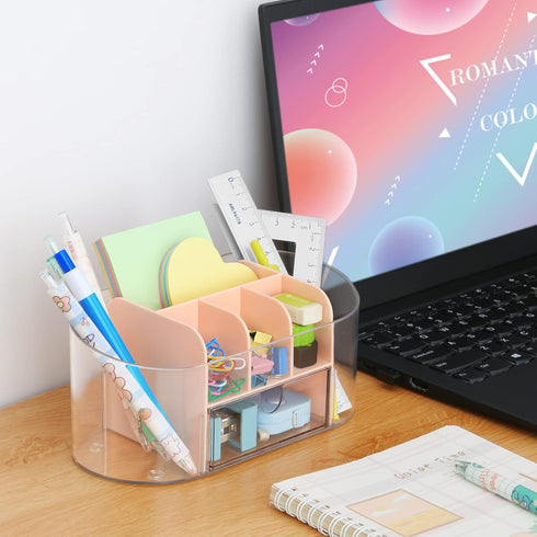 LETURE Clear Desk Organizer with drawer, Acrylic Pen Pencil Markers Holder, Clear Office Supplies and Accessories,Desktop Organizer for Room Colle...