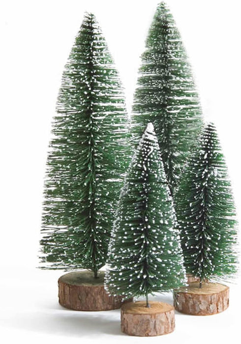 Tiny Christmas Trees, 4pcs Mini Artificial Xmas Sisal Snow Frost Tabletop Trees, Green Bottle Brush Trees with Wood Base, for Christmas Décor...