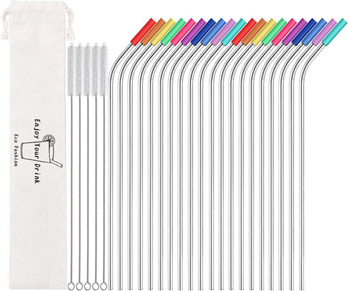 MUTNITT Set of 20 10.5" Reusable Bent Stainless Steel Straws with 20 Silicone Tips 5 Cleaning Brush 1 Travel Case Eco Friendly Extra Long Metal St...