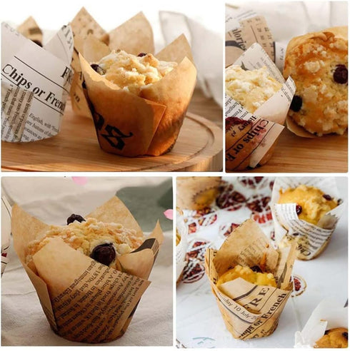 200pcs Tulip Cupcake & Muffin Tins Liners, 2” Standard Newspaper Pattern Paper Baking Cups Nature and White...
