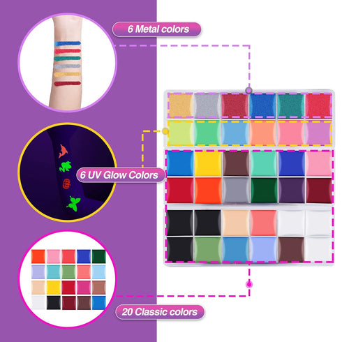 Face Painting Kit For Kids Party,32 Colors Professional Oil Face&Body Paint Kit with 10 Brushes 4 Reusable Face Stencils,2 Glitters and 2 Sponges ...