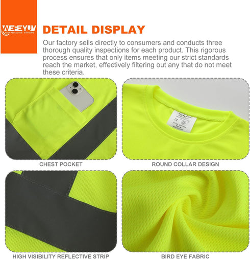 High Visibility Shirts Quick Dry Safety T Shirts with 4 Reflective Strips and Pocket Short Sleeve Mesh Hi Vis Construction Work Class 2 Shirt for ...