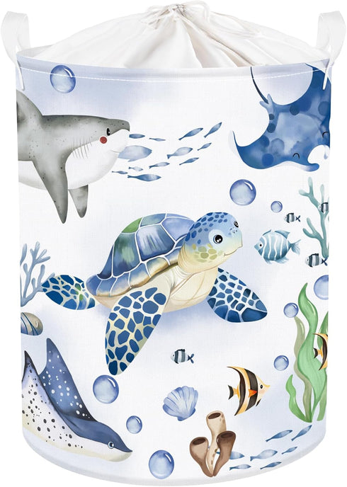 Clastyle 45L Large Blue Sea Animals Turtle Kid Laundry Hamper with Handle Collapsible Whale Shark Clothes Toy Storage Basket with Lid for Nursery...