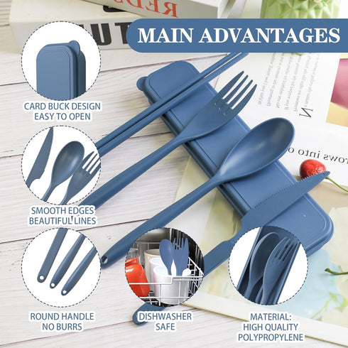 Large Reusable Travel Utensils Set with Case, Plastic Silverware Set for Adults Travel Picnic Camping, Portable Flatware Cutlery Set with Chopstic...