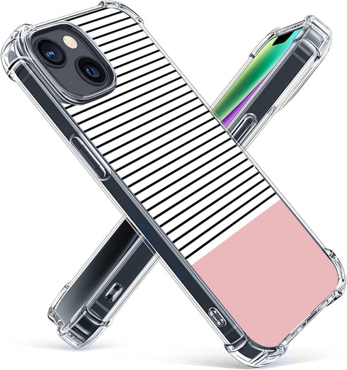 Stripes Case for iPhone 13/14, Hard PC+TPU Bumper Clear Protective Case Compatible with iPhone 13/14 6.1" 2021 2022 - Minimal Stripes and Rose Gol...