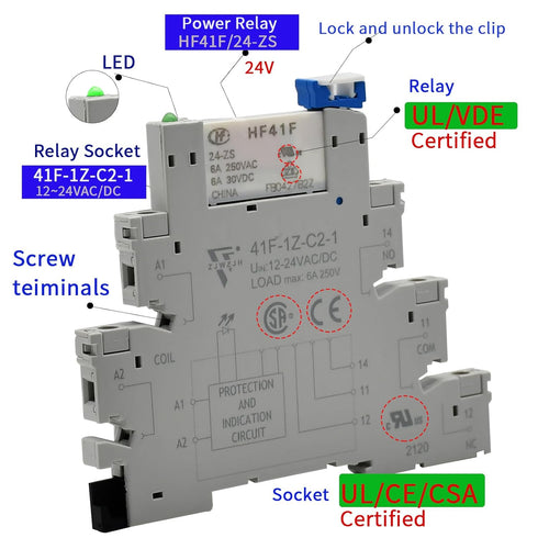 Electromagnetic Relay 24V DC/ 24V AC SPDT 6A with LED Indicator, Socket Base, DIN Rail, Ultra Thin 6.2mm, UL CE VDE Certification...