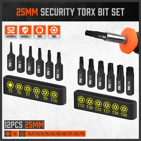 HORUSDY 24-Piece Tamper Resistant Star Bits, S2 Alloy Steel, 1" and 2.3" Long T5 - T40 Security Torx Bit Set....