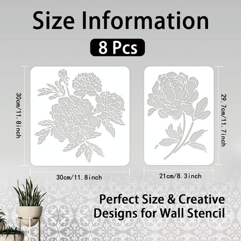 8pcs Peony Wall Stencils for Painting 11.7x8.3" Tile Stencil Set Reusable Plastic Wall Stencils Template for Painting on Wood Wall Furniture Floor...