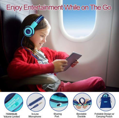 SIMOLIO Foldable Headphones for Kids with Mic, 75dB-85dB-94dB Kid Headphone with Share Port, Stereo Wired Headphones Hearing Protection for Youth ...