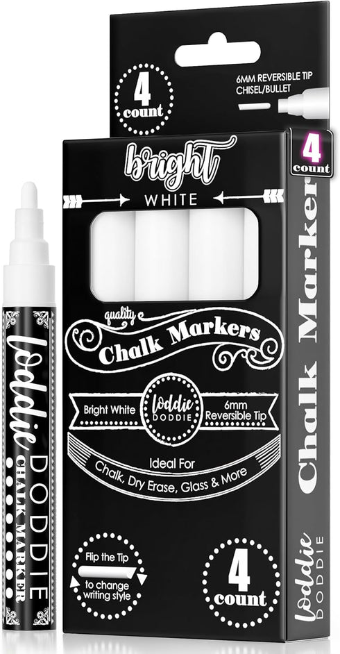 Loddie Doddie Liquid Chalk Markers - Pack of 4, 6mm White Chalk Markers for Chalkboard, Window, Glass & Bistro, Bullet & Chisel Tip - Erasable Ink...