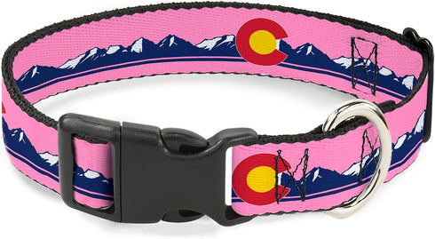 Buckle-Down Pet Collar, Dog Collar Plastic Buckle, Colorado Flag Icon Mountain Skyline Pink Blue White, 15 to 24 Inches 1.0 Inch Wide...