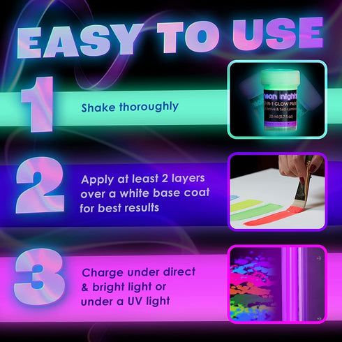 neon nights 2-IN-1 Glow In The Dark Acrylic Paint Set Glows in the Dark & under UV Blacklight - Set of 8 Self-Luminous Neon Paints for Halloween -...