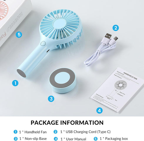 Handheld Fan Portable, Mini Hand Held Fan with USB Rechargeable Battery, 3 Speed Personal Desk Table Fan with Base...