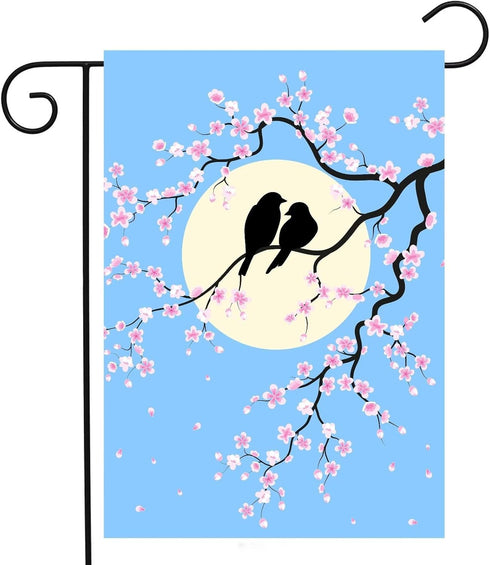 Spring Two Couple Birds Bloom Flowers Branch Full Moon Summer Seasonal Garden Yard Flag 12"x 18" Double Sided Polyester Welcome House Flag Banners...