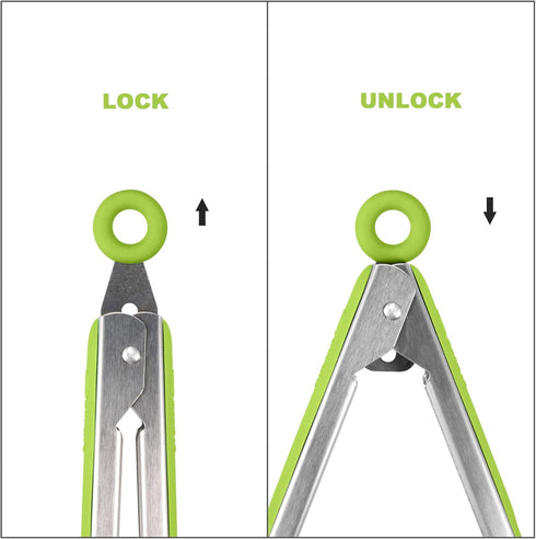 304 Stainless Steel Kitchen Cooking Tongs, 9" and 12" Set of 2 Sturdy Grilling Barbeque Brushed Locking Food Tongs with Ergonomic Grip, Green...