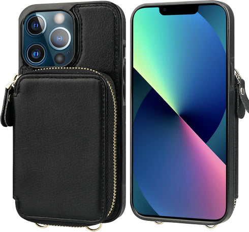 Bocasal RFID Blocking Wallet Case for iPhone 13 Pro Max, Adjustable Crossbody Zipper Purse Case Card Holder with Kickstand Detachable Wrist Strap,...