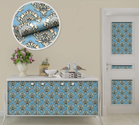 Y9832 Damask Peel and Stick Wallpaper 17.7" x 9.8ft Light Blue Removable Contact Paper Self-Adhesive Damask Furniture Paper Drawer Shelf Liner Vin...