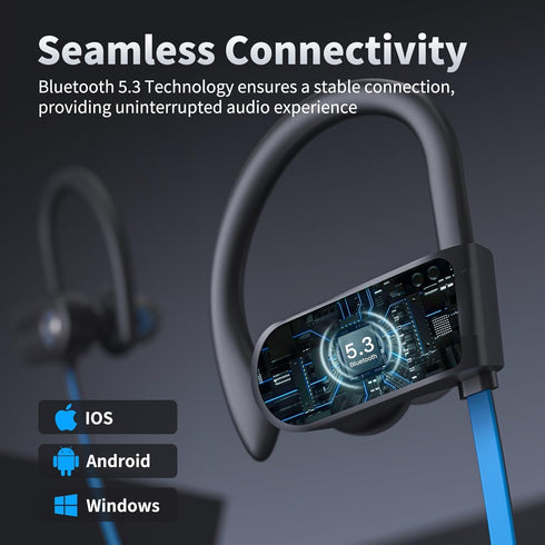 Wireless Headphones Bluetooth 5.3 Headphones with 16 Hours Playtime, Over-Ear Stereo Bass Earphones with Earhooks Headset, Sports Earbuds with Sto...