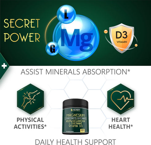 Relaxation & Restful Night with Magnesium L-Threonate & Glycinate Supplement, Plus Vitamin D3, Ashwagandha Root & L-Theanine - Brain, Bone & Heart...