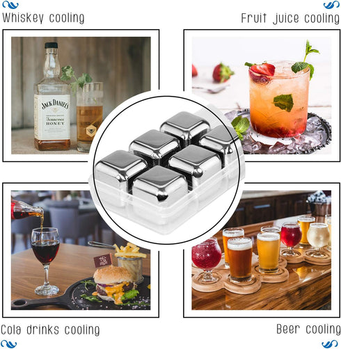 COSIEST 6PCS Whiskey Stones Stainless Steel Ice Cubes, Reusable Metal Ice Stones, Freezer Storage Tray for Beer Wine Cooler, Pub Bar Accessories...