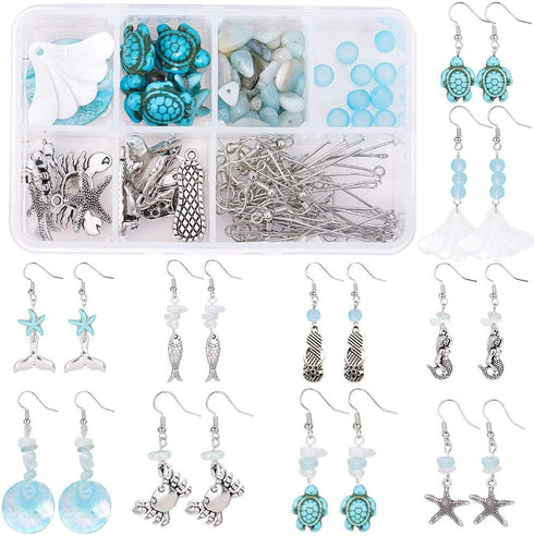 SUNNYCLUE 1 Box DIY 10 Pair Starfish Crab Mermaid Turquoise Earring Making Kit Summer Hawaii Ocean Beach Earrings Jewelry Making Supplies Christma...