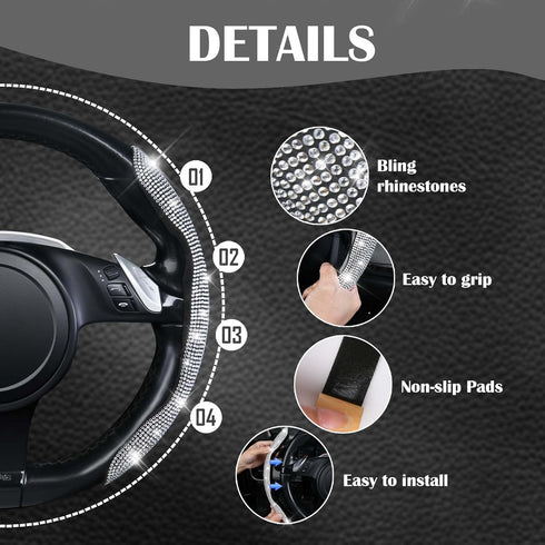 CAR PASS Bling Diamond Segmented Steering Wheel Cover with Crystal Rhinestones, 2PCS Wheel Protector Non-Slip Cute Car Accessories Universal Fit D...