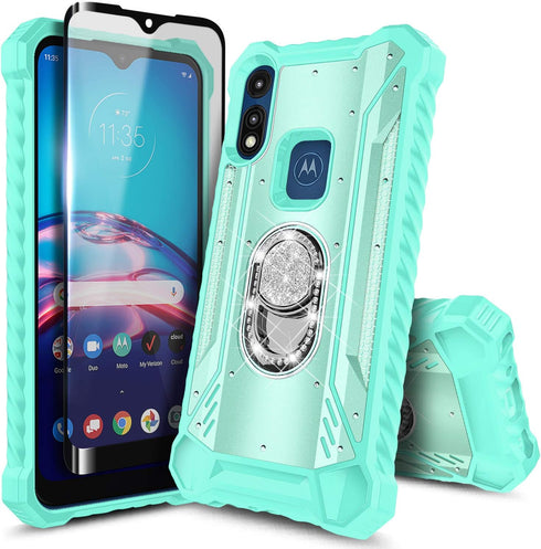 Moto E 2020 Case with Screen Protector (Tempered Glass Full Coverage), Aluminum Magnetic Metal Built-in Diamond Ring Holder Stand, Full-Body Prote...