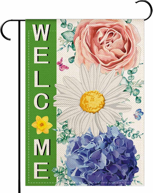 Welcome Spring Summer Daisy Garden Flags 12.5x18 Inch double sided,Spring Hydrangea Flowers Yard Holiday Outdoor Burlap Garden Farmhouse Decor...