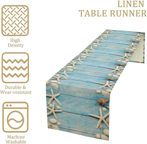 Summer Beach Table Runner Dresser Scarves Beach Theme Cotton Linen Seashells Starfish Blue Rustic Wood Table Setting Decor for Wedding Party Holid...