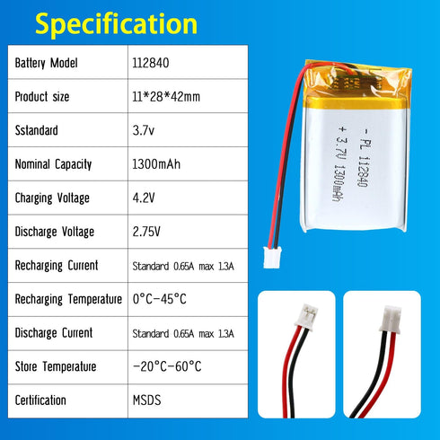 112840 3.7V Lipo Battery 1300mAh 112840 Rechargeable Lithium Polymer Battery Pack with JST PH2.0mm Connector for Electronic Device...