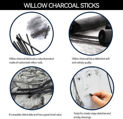 PANDAFLY Willow Charcoal Sticks, Soft, Black Artist Vine Charcoal for Artists, Beginners, Students, Great for Sketching, Drawing, Shading and Fine...