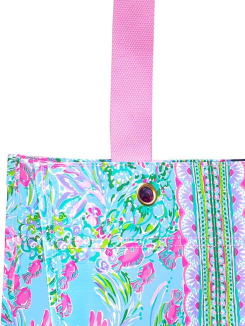 Lilly Pulitzer Pink/Blue Market Shopper Bag, Reusable Grocery Tote with Comfortable Shoulder Straps, Best Fishes...